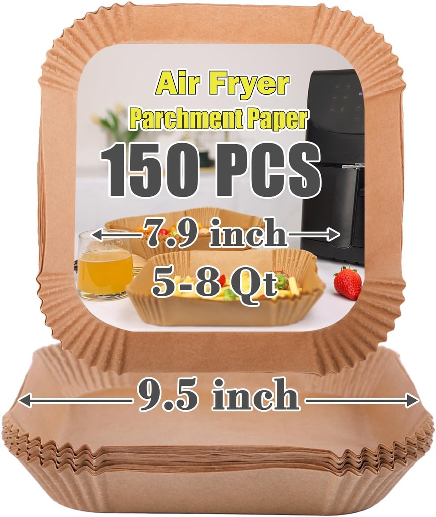 GOAUS Air Fryer Square Paper Liners Disposable Large 150 Pcs for 5 to 8 Qt Basket, 7.9 inch Unbleached Non-stick Oil-proof Parchment Paper