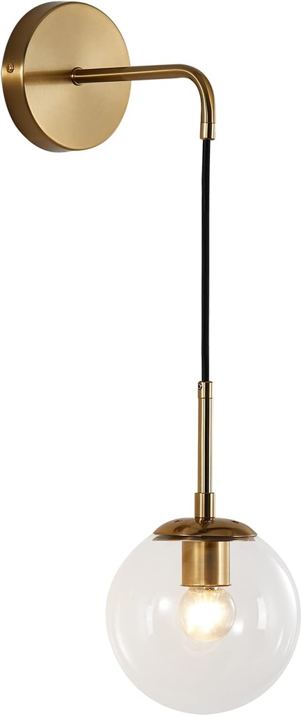 BOKT Mid Century Modern Globe Wall Sconce Lighting Brushed Brass Gold Bathroom Wall Lights Clear Bubble Glass Ball Wall Light Fixture Lamp Bedroom Bedside Wall Light (Gold+Clear)