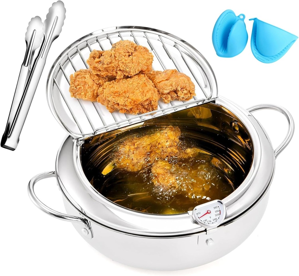 Deep Fryer Pot with Thermometer and Oil Drain Rack – Japanese Style Stainless Steel Tempura Frying Pot with Lid for Deep Frying Fish, Chicken, French Fries 10.23 * 10.23 * 4.53 In - 3.2L