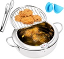 Deep Fryer Pot with Thermometer and Oil Drain Rack – Japanese Style Stainless Steel Tempura Frying Pot with Lid for Deep Frying Fish, Chicken, French Fries 10.23 * 10.23 * 4.53 In - 3.2L
