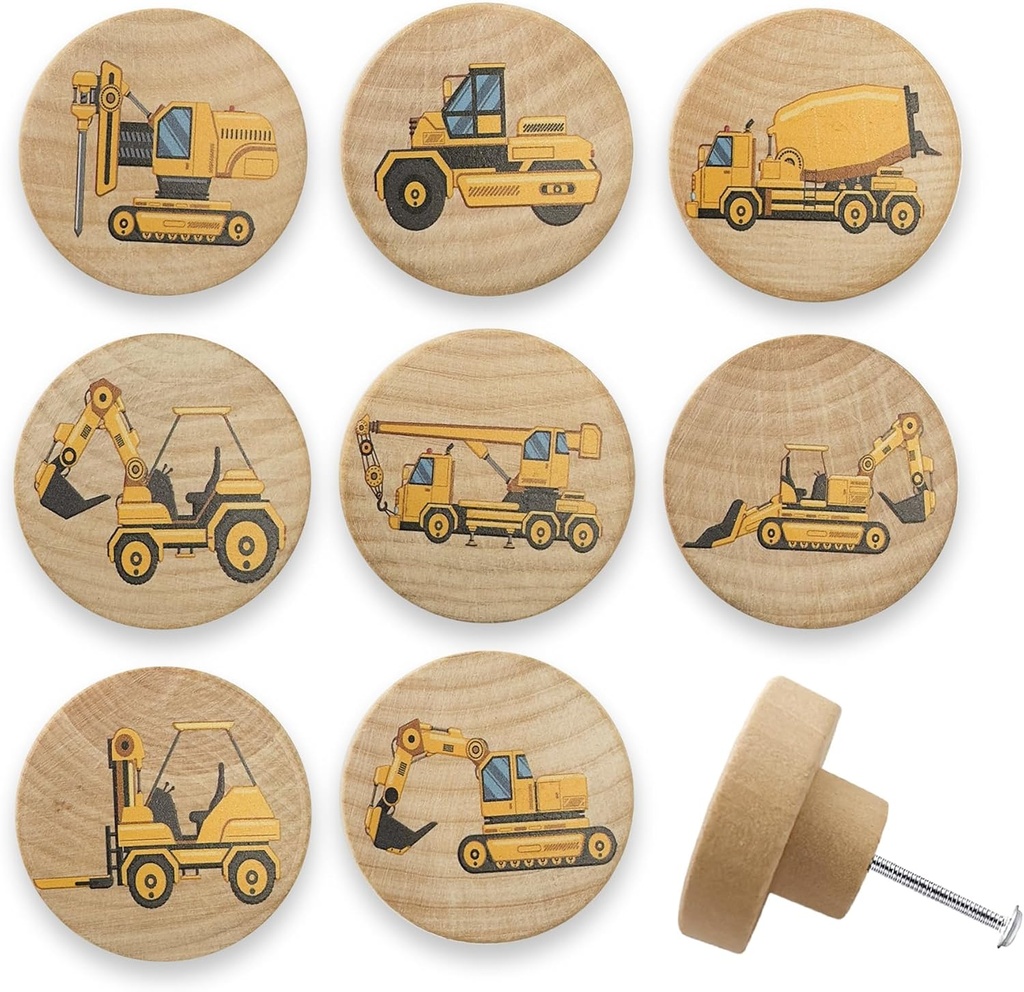Set of 8 Wooden Construction Vehicle Digger Vehicle Theme Boys Bedroom Furniture Cabinet Dresser Drawer Knobs and Pulls 1.8 X 1.8 Inches