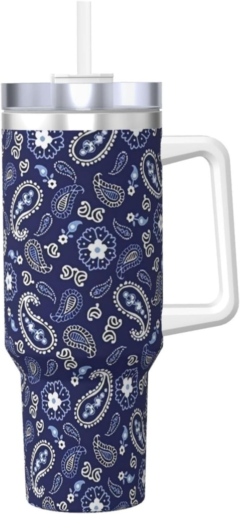 Deep Sea Navy Paisley 40 Oz Tumbler With Handle And Straw Lid, Insulated Reusable Stainless Steel Travel Mug Iced Tea Or Coffee, Smoothie And More