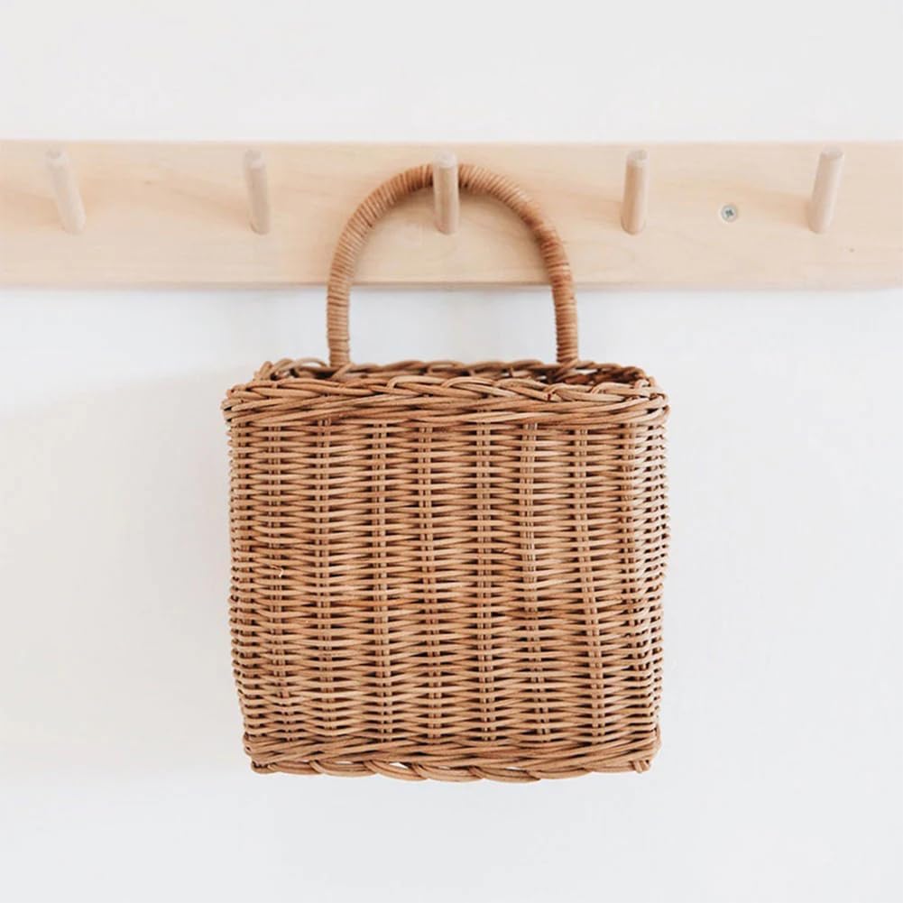 Natural Wicker Hanging Basket - Handwoven Rattan Wall Storage Organizer for Kitchen, Front Door Flower Basket & Retro Home Decor - Hanging Wall Basket, Organizing & Decorative Door Baskets
