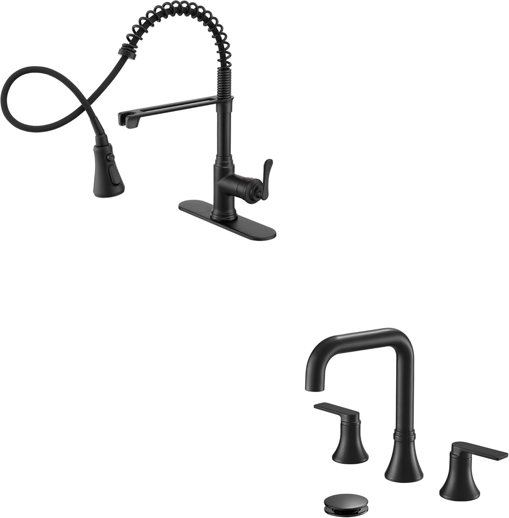 Black Kitchen Faucet Single Hole or 3 Hole, 3 Modes Kitchen Faucets with Pull Down Sprayer, Widespread 360 Degree Swivel Bathroom Faucets for Sink 3 Hole 4-10 Inch 2 Handles Bathroom Sink Faucet