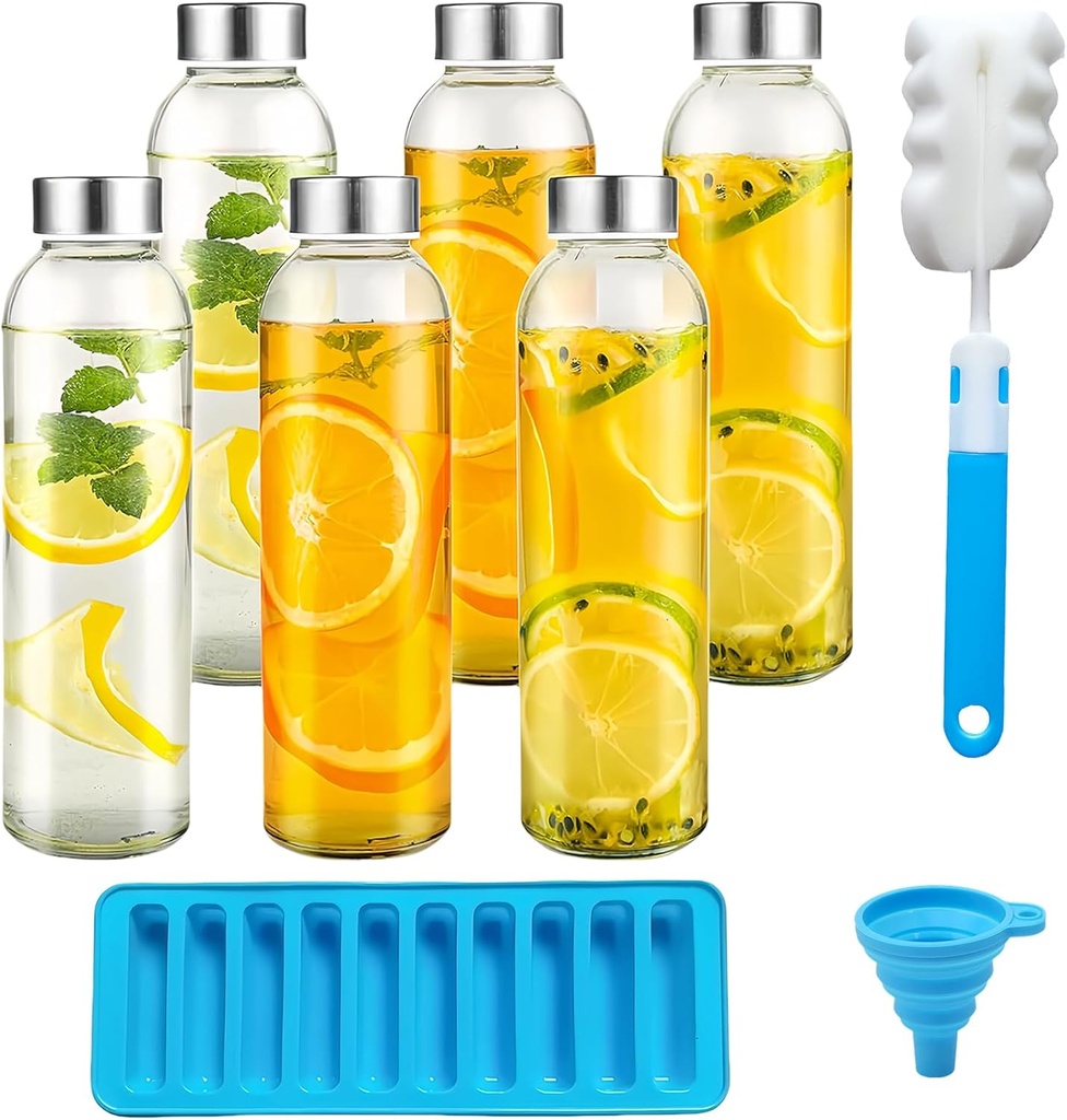 Lemon Sandy 6 Pack Glass Juice Bottles with Lids, 18 oz Clear Glass Bottles, BPA Free Reusable Refillable for Juicing, Stainless Steel Lid, Leak-Proof, Transparent