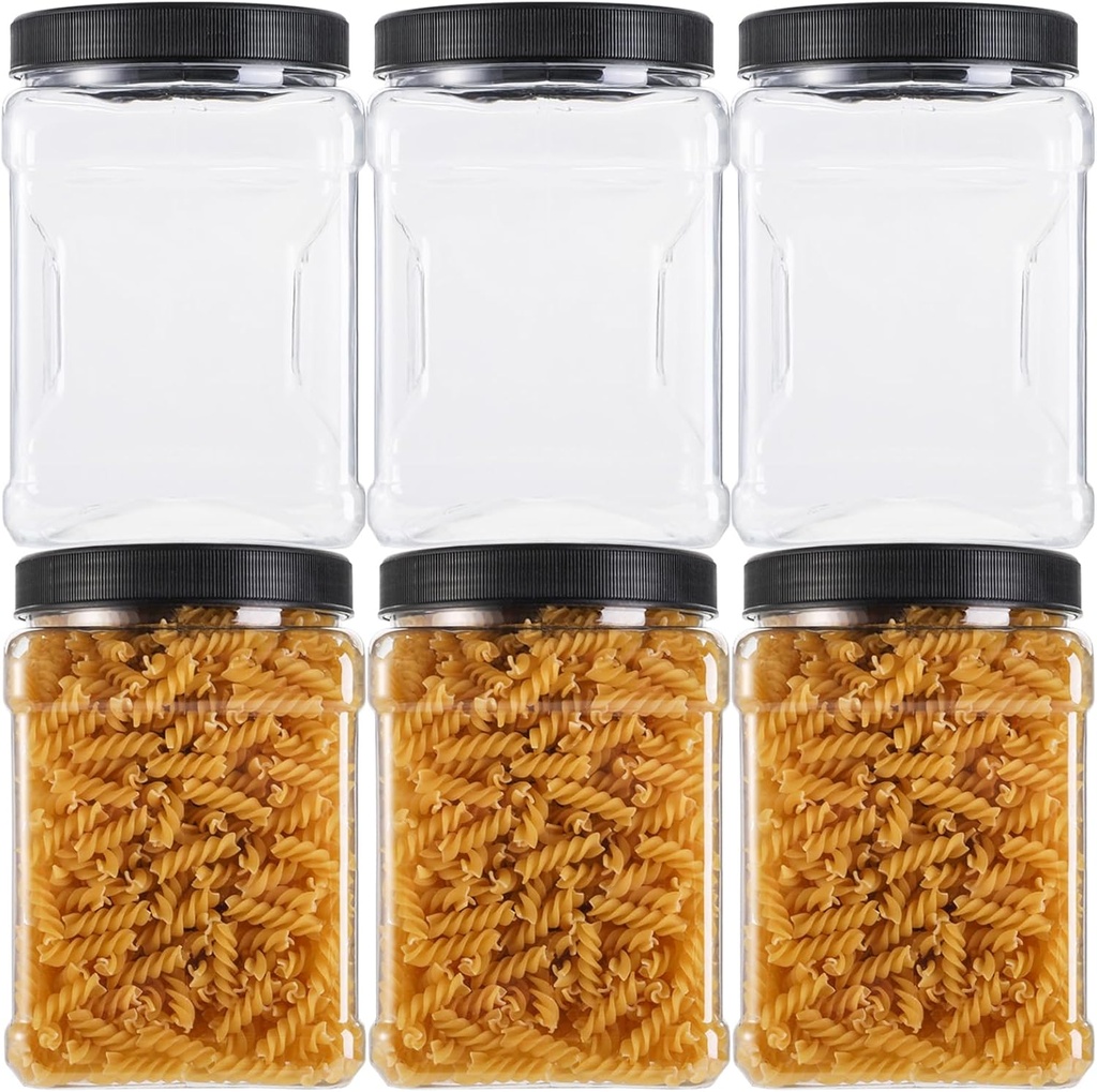 Lawei Square Plastic Jars with Lids - Clear Empty Storage Containers for Food Storage, Plastic Food Jars with Easy Grip Handles for Dry Goods Cookies Rice and More (6 Pack 60 Oz)