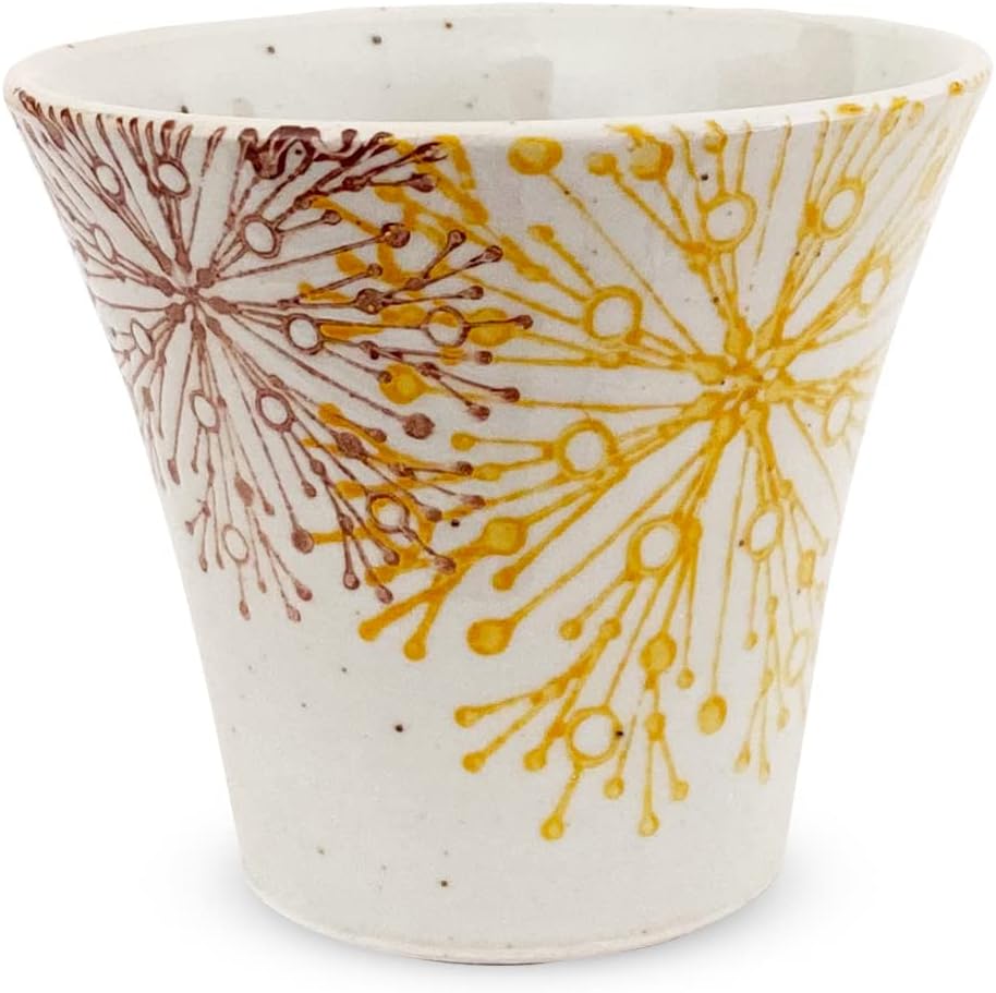 J-kitchens Inzan Kiln Japanese Sake Glass Microwave Safe Hasami Ware Made in Japan (Sake & Cold Sake Ochoko Patterned 140cc Ceramic), Flower Core Pattern, Yellow
