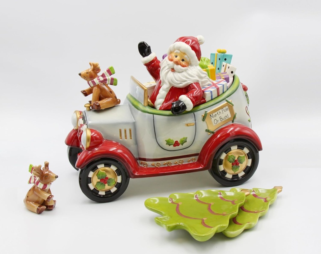 Fine Ceramic Christmas Santa is Coming to Town Driving Car Cookie Jar with Reindeers Salt & Pepper Shakers and 2 Christmas Tree Dessert Plates Set, 14-3/4"L