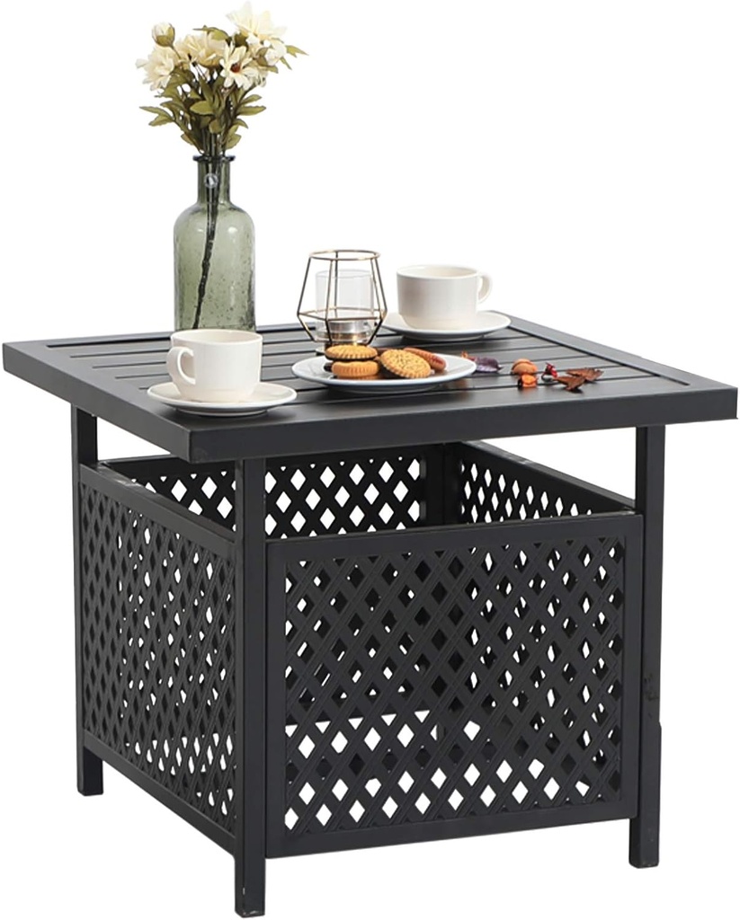 PHI VILLA Patio Umbrella Side End Table Stand with Hole, Small Square Black Metal Bistro Table for Outdoor Garden Pool, 22"