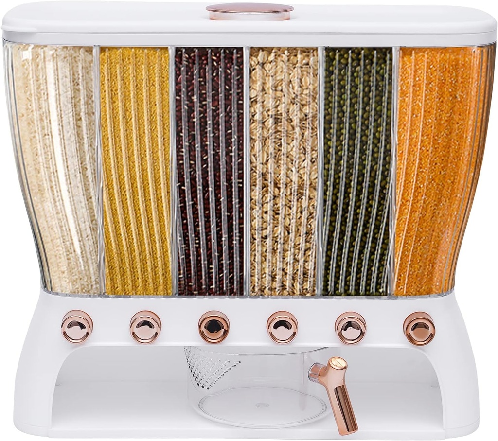 Clear Six-grid Dry Food Dispenser with Rice Hopper, Modern Grains Storage Dispenser Up to 22.05lbs Capacity, Rice dispenser Kitchen Storage for Flour, Sugar, Cereals, Nuts
