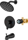 Airuida Shower Faucet Set with Tub Spout Bathtub Faucet Kit Shower Tub Faucet Set Complete Tub Shower Trim Kit with Solid Brass Rough-in Valve Rainfall Round Shower Head,6 Inch,Matte Black