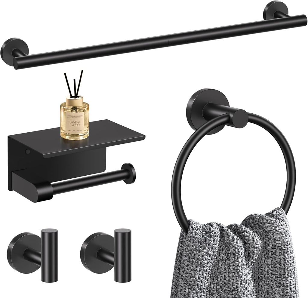 5-Piece Towel Bar Set Black Bathroom Hardware Accessories Set Upgraded Toilet Paper Holder with Shelf Towel Holder Set for Bathroom Stainless Steel Wall Mounted