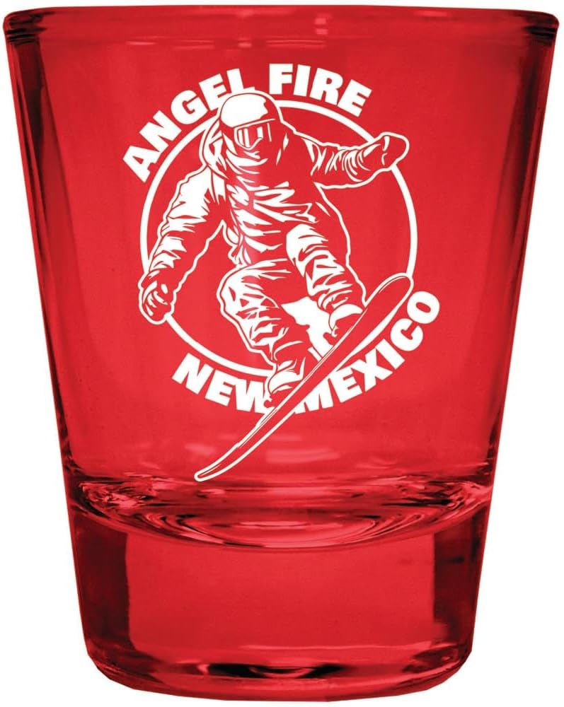R and R Imports Angel Fire New Mexico Souvenir Engraved Full Color 2oz Shot Glass Red Single