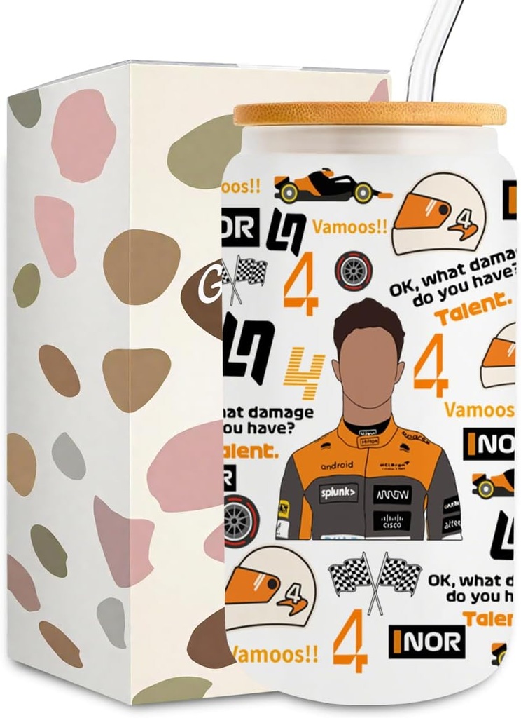 LONGXIN Racing Fans Gifts for Women, Girls, 16 oz Iced Coffee Glass Cup with Lid Straw