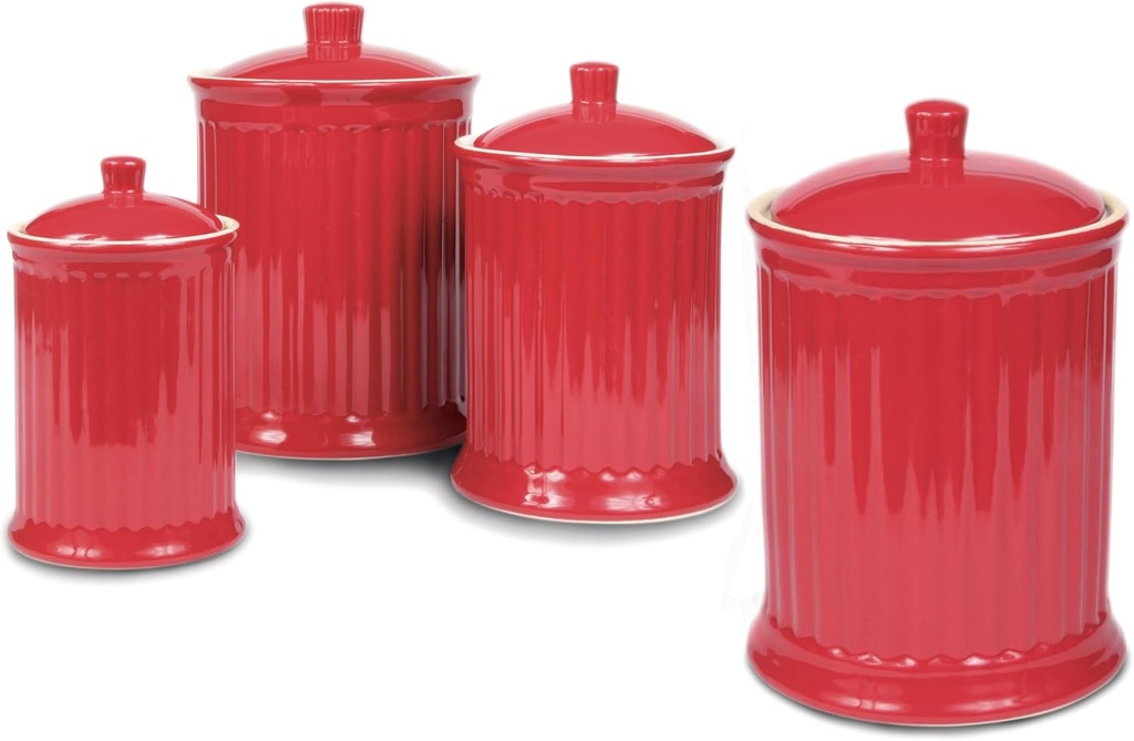 Omniware Simsbury 4-Piece Canister Set - Stoneware Kitchen Storage with Silicone-Sealed Lids, Lead-Free Glaze & Dishwasher Safe - Rustic Farmhouse-Style Flour & Sugar Containers (Red)