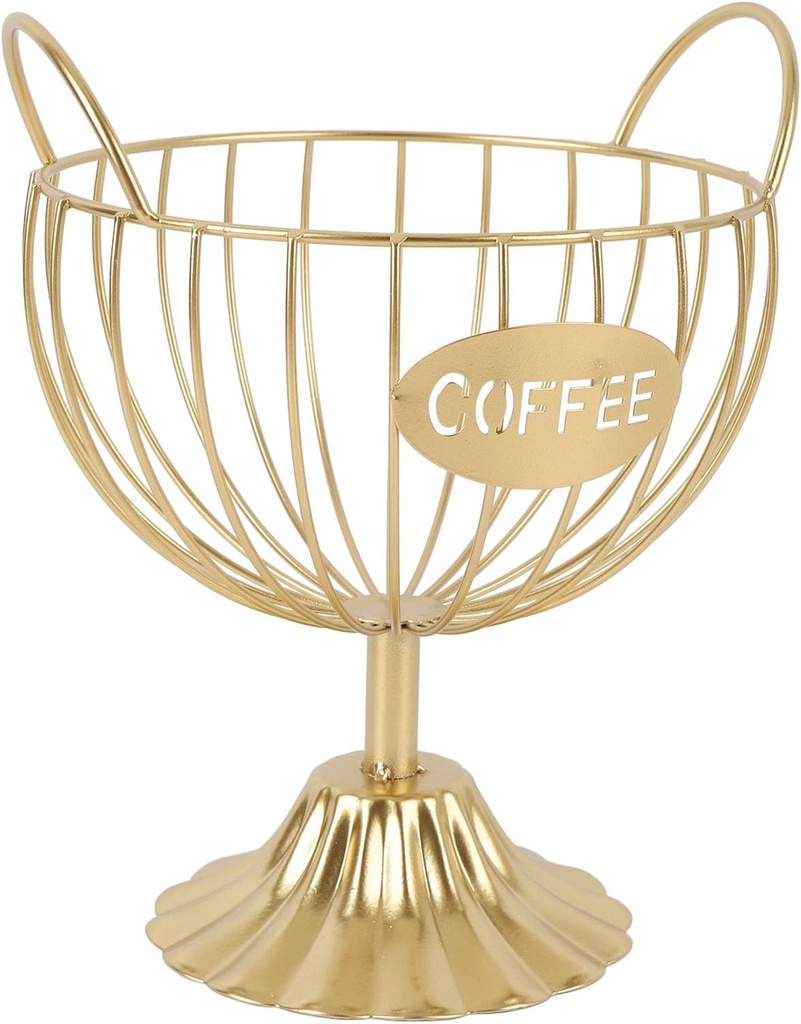 FILFEEL Coffee Pod Holder, Iron Coffee Capsule Basket Bar Counter Organizer for Kitchen Office, Robust Metal Structure, Weighted Base, Wide Opening, Golden Appearance, Baked