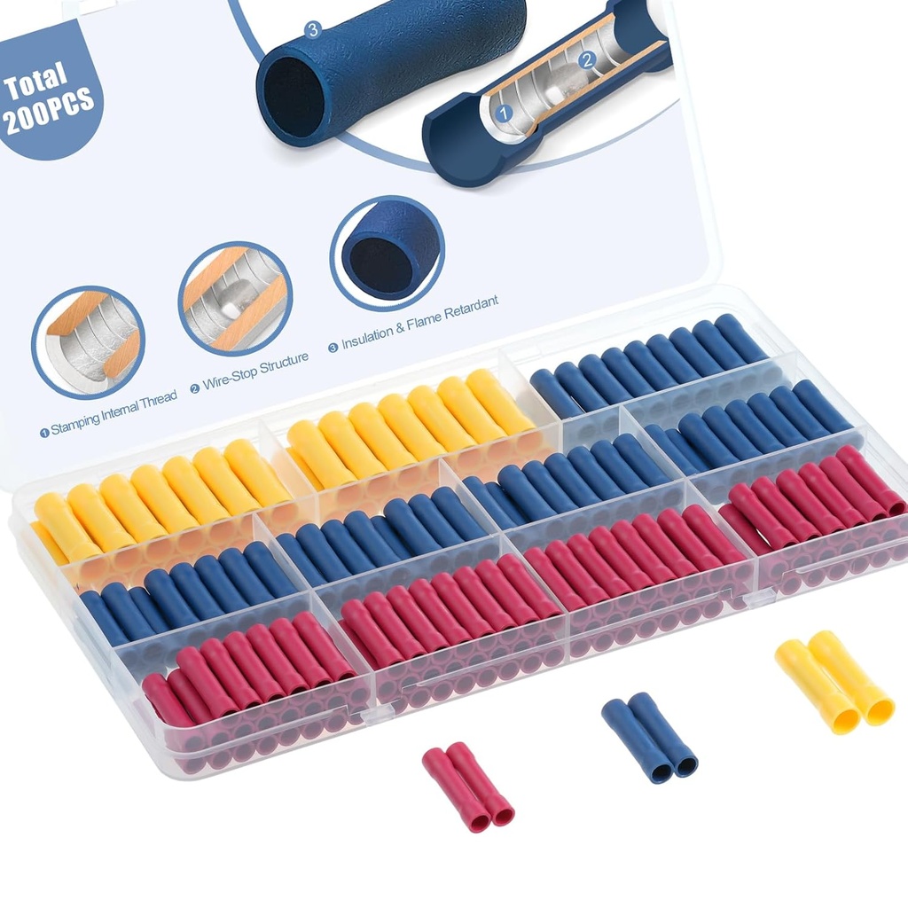 AIRIC UL Listed 200 Pcs Wire Butt Splice Connectors Kit, 22-10 AWG Electrical Crimp Terminal Connector Kits, Fully Insulated Wiring Straight Crimps Terminals for 22,20,18,16,14,12,10 Gauge Wires
