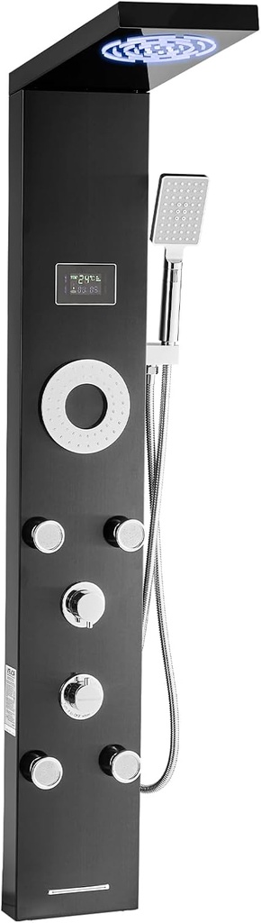 VEVOR Shower Panel Tower System with Rainfall Shower Head, LED, 53 in Brushed Stainless Steel Shower Column, 6-Function Faucet, Wall-Mount Rain Massage System with 5 Body Jets, Handheld, Tub Spout