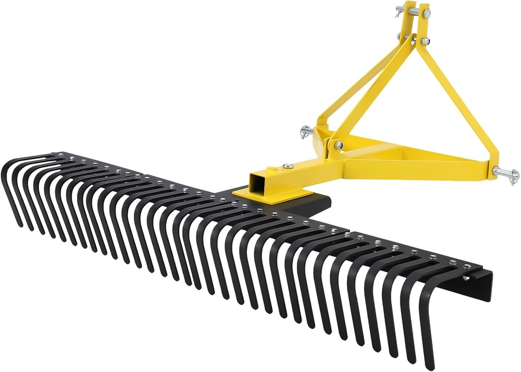 Garvee Heavy Duty 5 ft Landscape Rock Rake, 3 Point Attach Rake with 360 Degree Rotation Tow-Behind Garden Tool for Compact Tractors, Category 1
