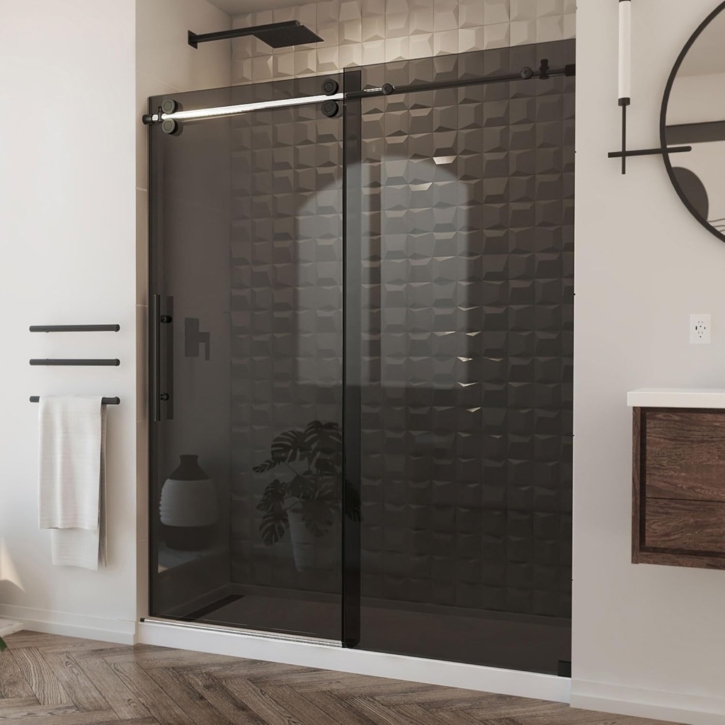 DreamLine Enigma-XO 56-60 in. W x 76 in. H Frameless Smoke Gray Glass Sliding Shower Door in Polished Tuxedo, SHDR6160762G-18