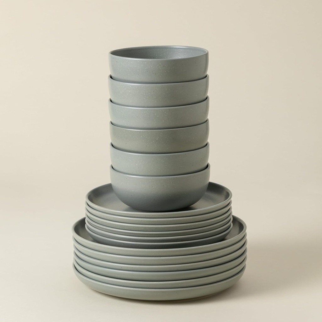 Casafina Ceramic Stoneware 18-Piece Place Setting Service for 6 with Cereal Bowls - Pacifica Collection, Artichoke Green | Microwave & Dishwasher Safe Dinnerware Set | Restaurant Quality Tableware
