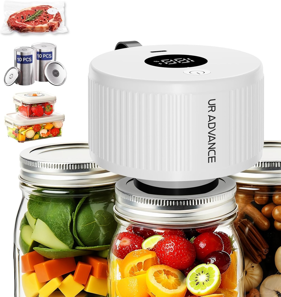 Upgraded 3-in-1 Electric Mason Jar Vacuum Sealer Kit for Jars, Bags, Food Savers & Containers | Auto-Stop Jar Sealer with Wide & Regular Mouth Canning Lids for Dry Foods, Jams & Leftovers​