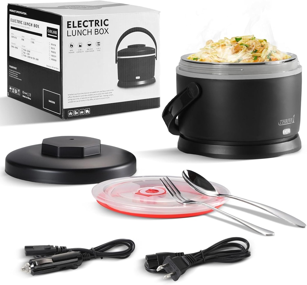 Electric Lunch Box for Adults 40 oz Portable Food Warmer 12V/24V/110V/220V Heated Lunch Box for Work, Office, Car, Travel, Home Use (Black)