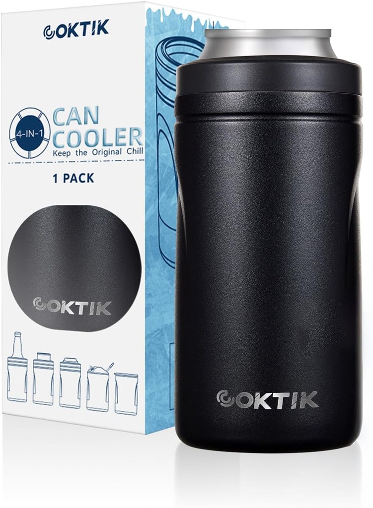 COKTIK 4 in 1 Insulated Can Cooler, Doublae Wall Slim Can Cooler for 12 oz Regular or Slim Cans & Beer Bottle (Black)