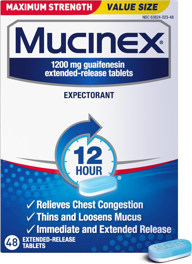 Mucinex 12 Hour Maximum Strength 1200 mg Guaifenesin Extended-Release Tablets for Excess Mucus Relief, Expectorant Aids Excess Mucus Removal, Chest Congestion Relief for Adults, 48 Tablets