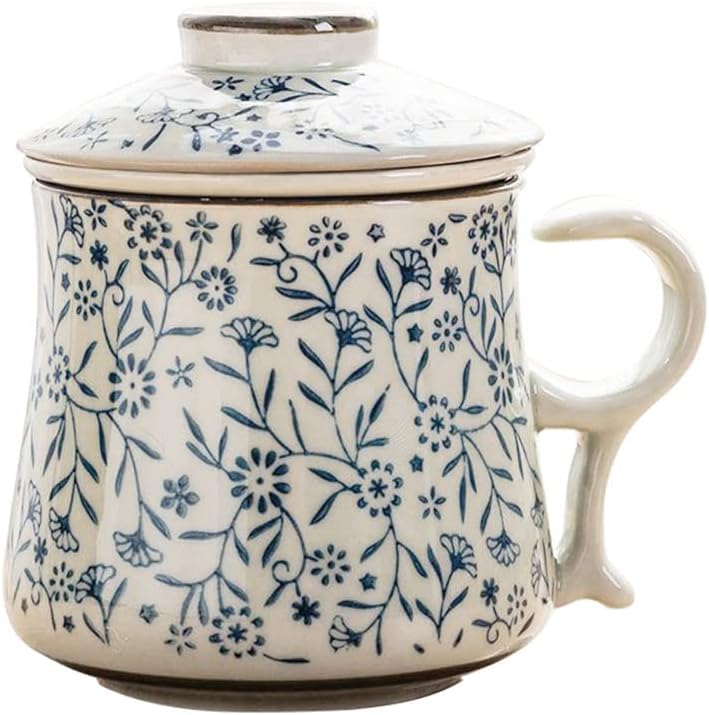 123Arts Ceramic Mug Blue and White Tea Cup with Lid and Filter