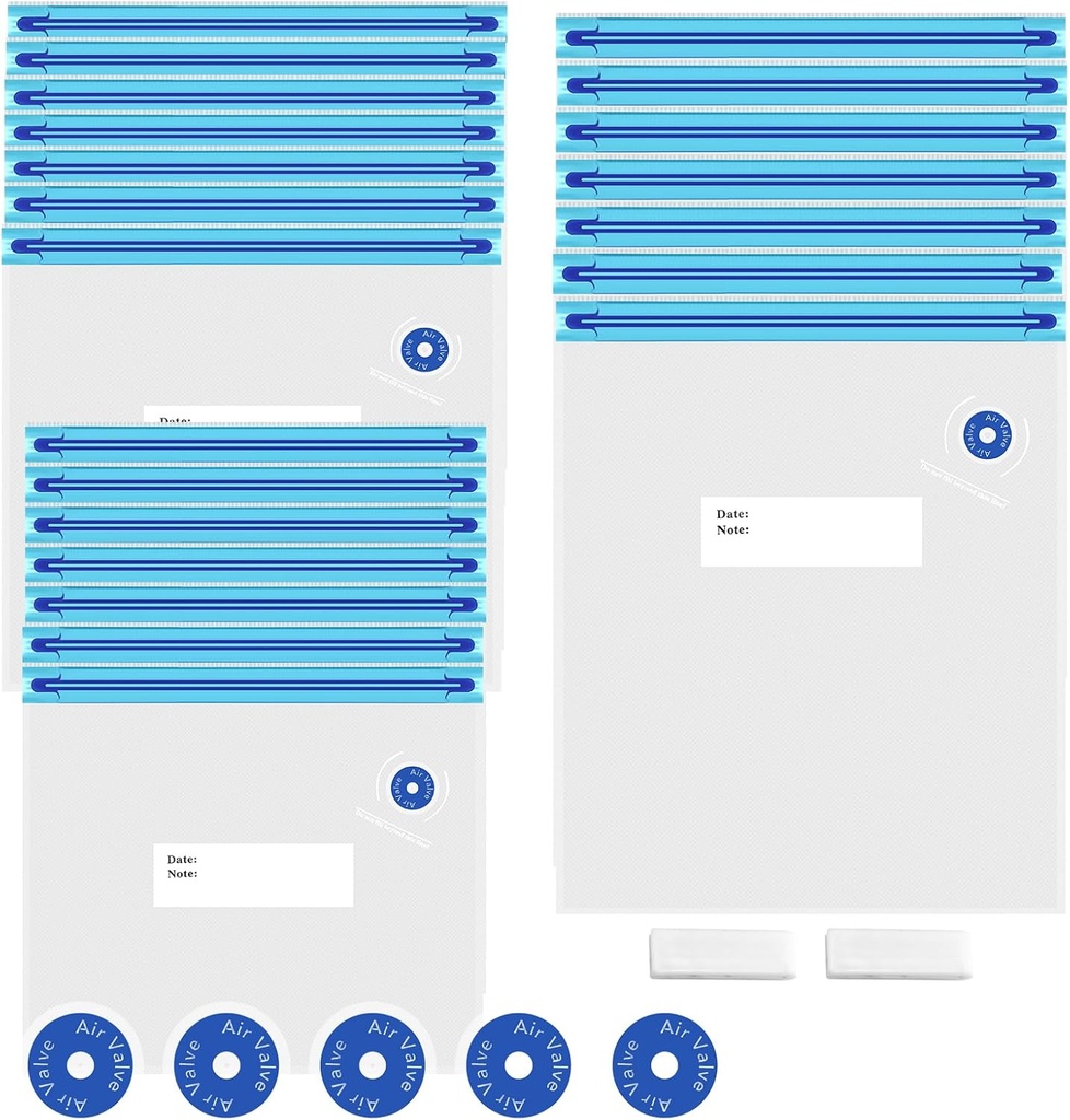 Sous Vide Bags 28Pcs, BPA Free Reusable, with Air Valve, Double-Layered Food Storage for Cooking, Food Storage, and Microwave Heating. 3 Size 21 Vacuum Zipper Bags, 2 Seal Clips, and 5 Air Valves.