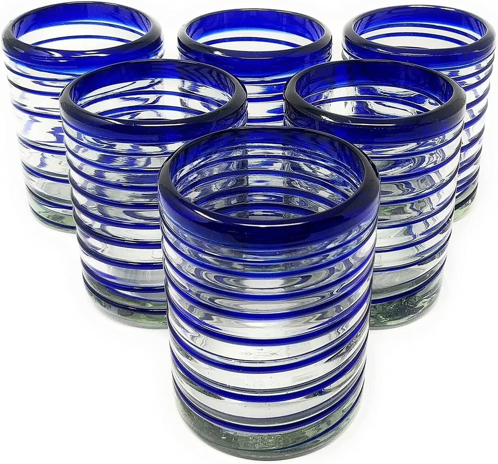 Unknown1 Hand Blown Mexican Drinking Glasses Set of 6 Tumbler with Blue Spiral Design (10 Oz Each) Glass