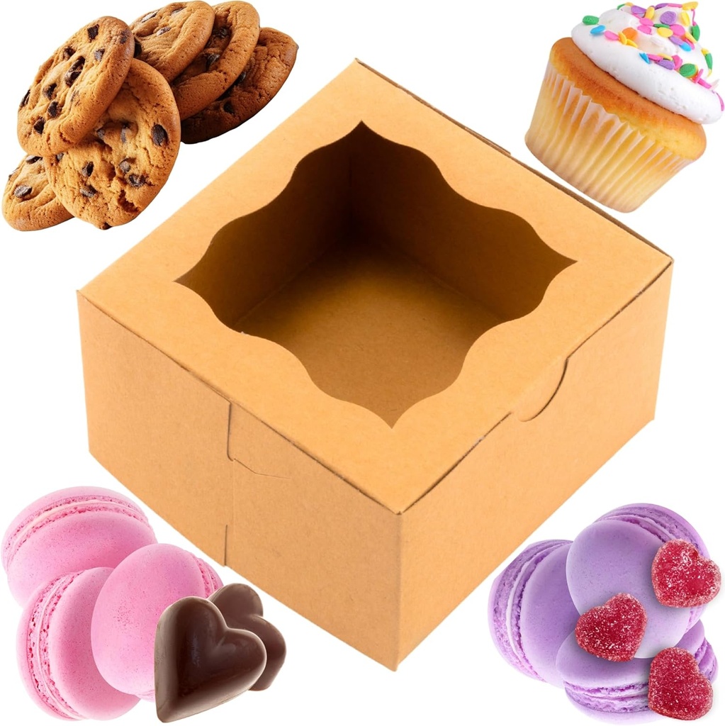 BAKELUV 50pcs Brown Small Cookie Boxes with Window, 4x4x2.5 Inches Bakery Boxes, Mini Cake, Treats, Macaron Packaging, Individual Cupcake, Gift Giving