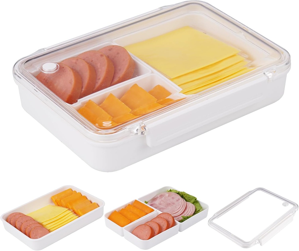 NiHome Refrigerator Bacon and Cheese Holder with Airtight Sealing Lid for Freshness Preservation, Easy Viewing Clear Lid & 3 Removable Storage Compartment for Meat, Ham, Microwave-Safe Food Box (1PC)