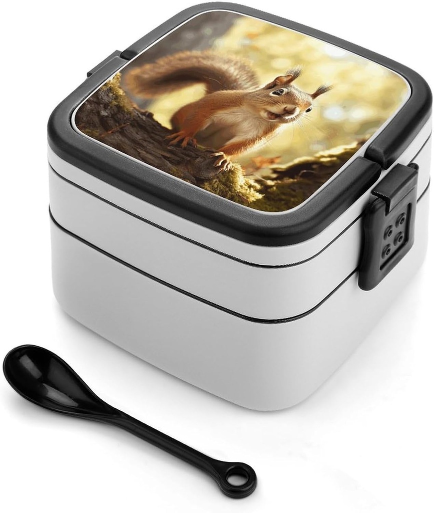 Stackable Double-Layer Bento Box Funny Squirrel Adults Lunchbox With Spoon Cute Japanese Bento Box Dishwasher Safe for Work Travel Dining Outc