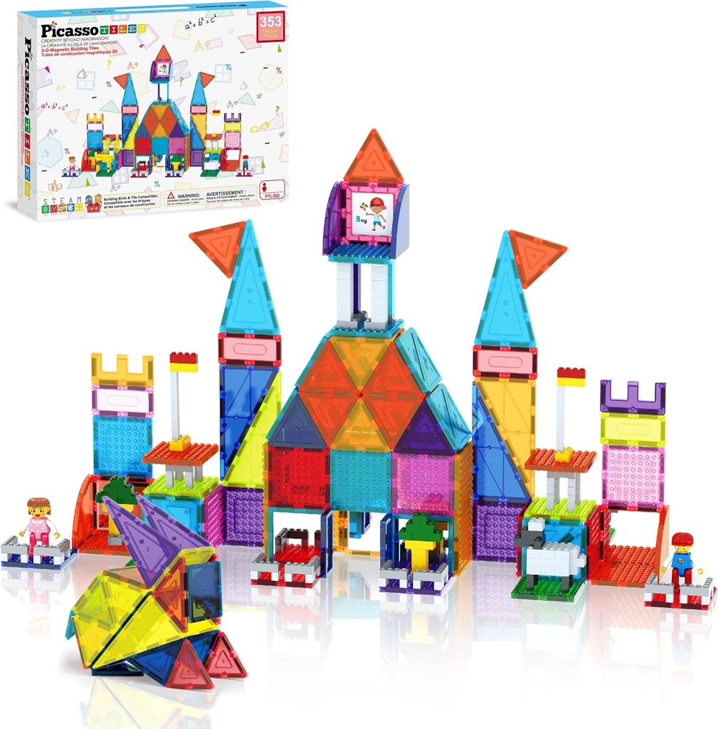 PicassoTiles 353pc Magnetic Brick and Magnet Tile Combo Set with Action Figures STEM Building Block Educational Construction Kit Preschool Classroom Toy Learning Activities for Kids Age 3 Plus PTL353