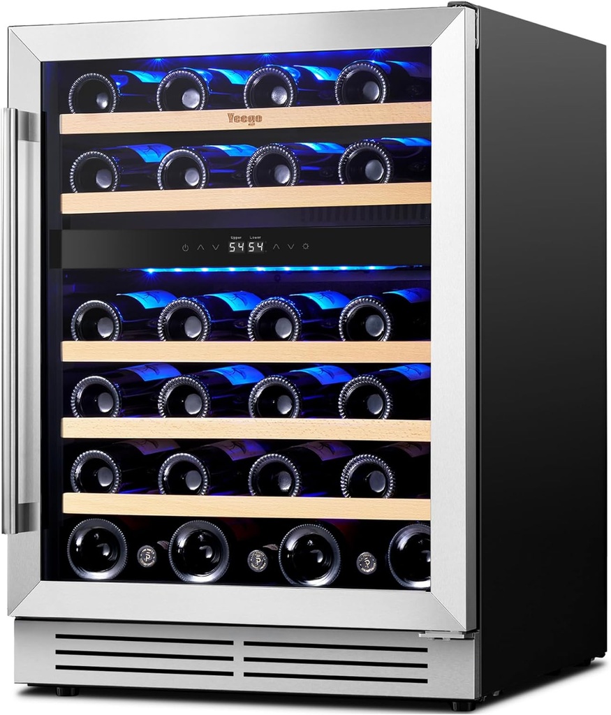 Yeego Wine Fridge Cooler - 24 Inch Dual Zone Wine Fridge Hold 47 Bottles, 40-65°F Wine Refrigerator Glass Door, Built in, Freestanding Under Counter Fridge for Beer Soda Drink Home Bar Office
