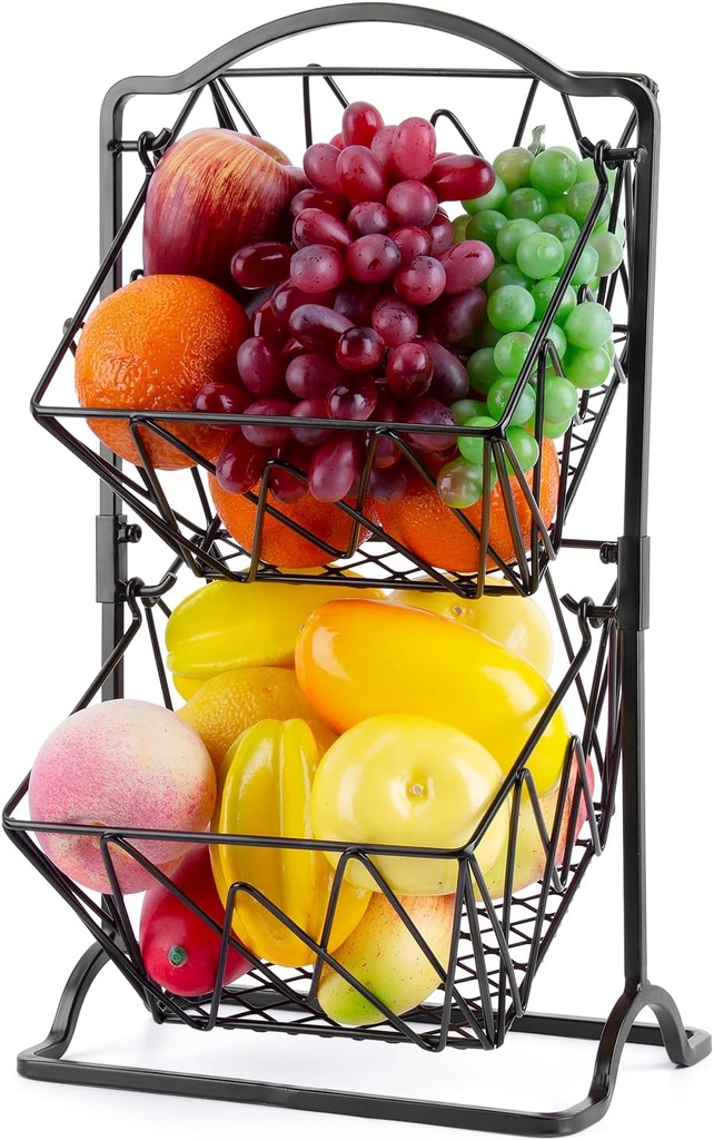 Wetheny 2 Tier Fruit Basket Fruit Bowl for Kitchen Counter,Bread,Fruit and Vegetable Holder Storage Basket,Wire Hanging Basket stand for Kitchen Organizer, Matte Black