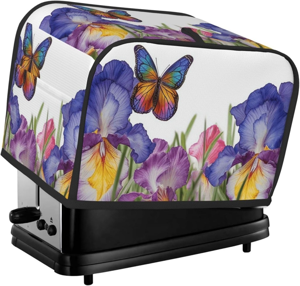 Iris Flower Butterfly Toaster Cover 2 Slice, Waterproof Bread Machine Covers with Pockets Universal Size Kitchen Small Appliance Cover with Handle, Dust and Fingerprint Protection