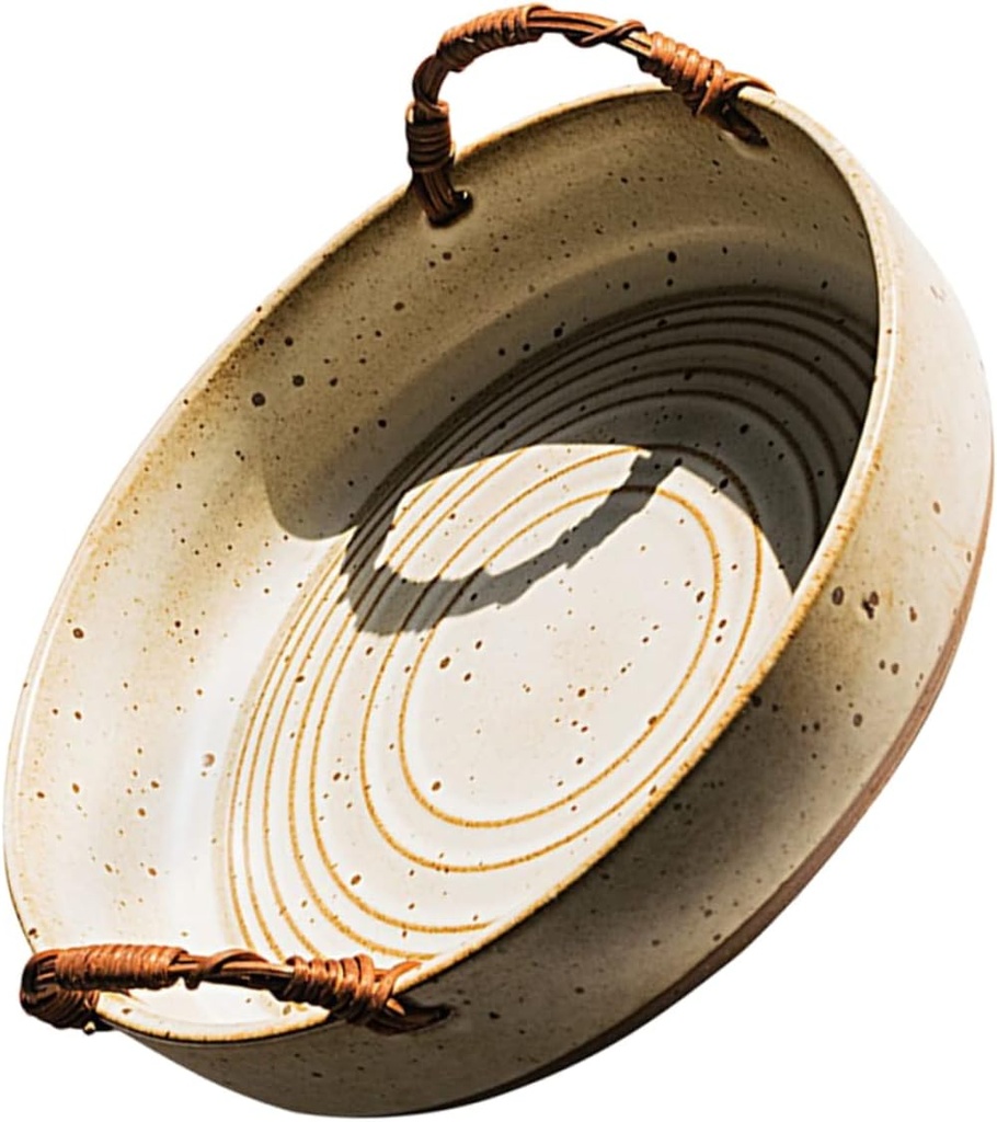 Crude Pottery Snack Tray Vintage Fruit Box with Dual Handles for Serving Bread Dried Fruits and Treats and Deform Resistant Design for Home Use