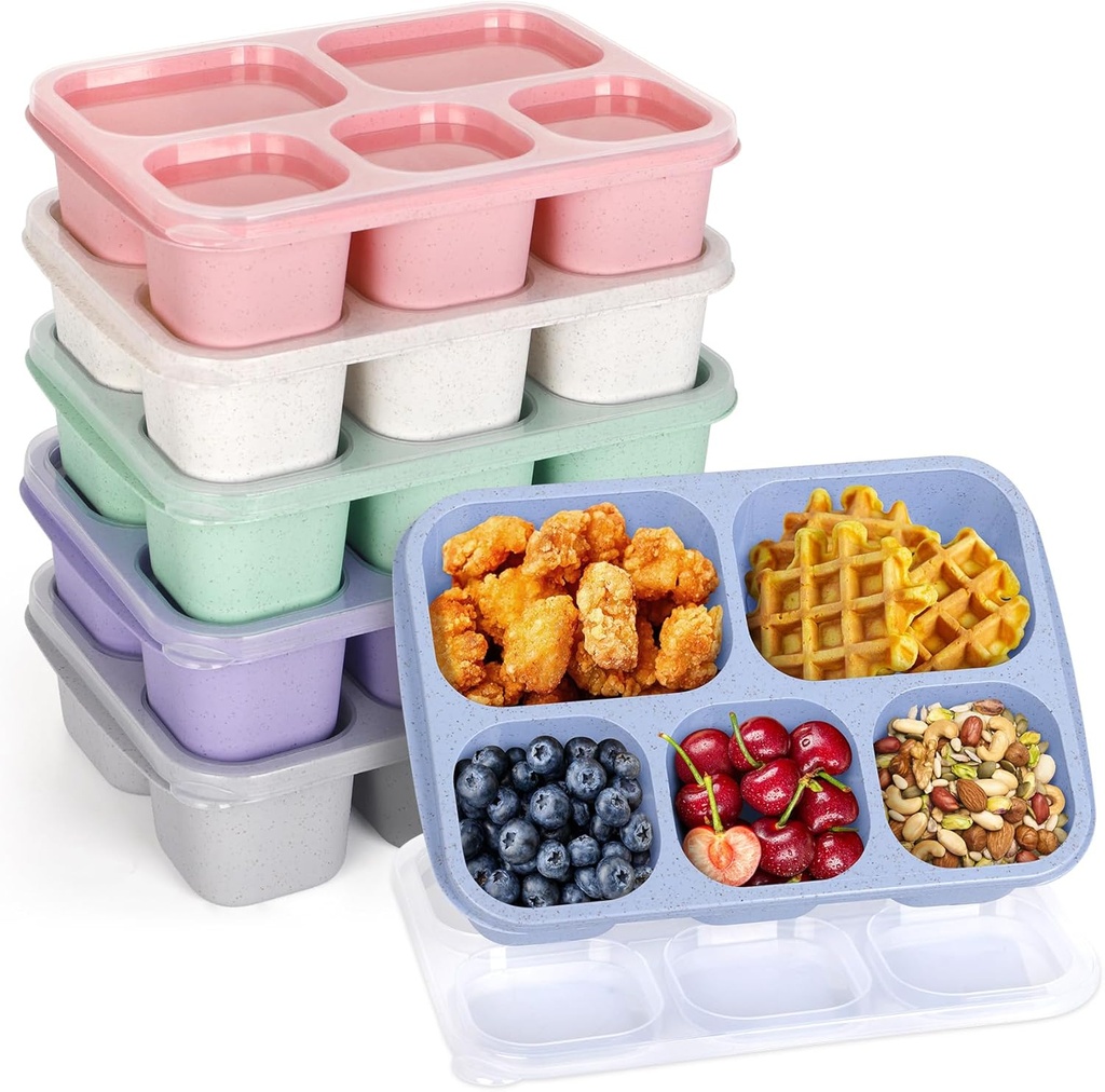 Korlon 6 Pack Bento Box Adult, Bento Lunch Box Containers with 5-Compartments, Wheat Straw Snack Boxes Container for Adult, Reusable Lunchable Container Boxes for Work School Picnic Meal Prep