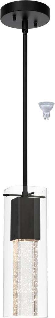 XiNBEi Lighting Pendant Light, Modern Black Kitchen Hanging Pendant Lighting with Square Glass & LED Bulb XB-P1110-SQ-MB