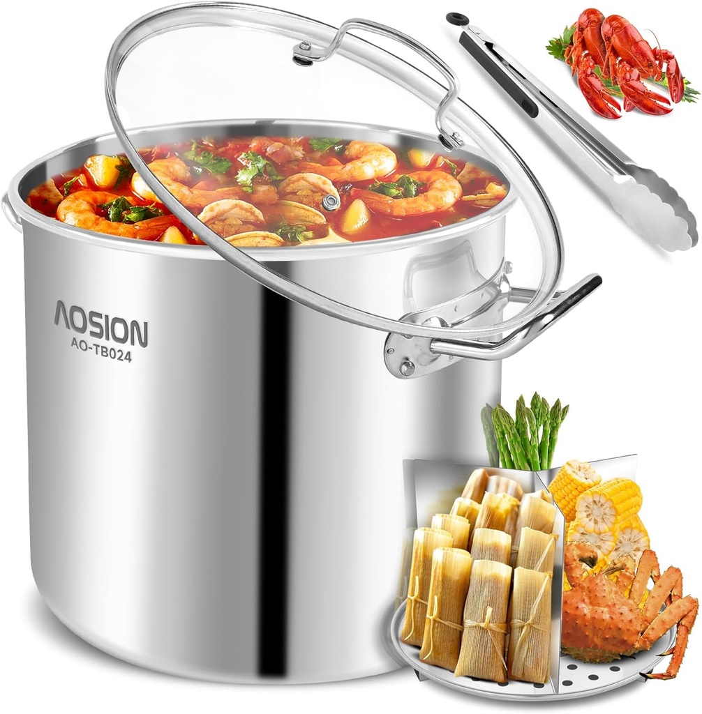 AOSION 24 Quart Stainless Steel Stock Pot With Lid, 3-IN-1 Heavy Duty Tamale Steamer Pot with Visible Lid for Pasta, Soup,Large Pot for Cooking with Steam Rack,Dishwasher & Oven Safe.