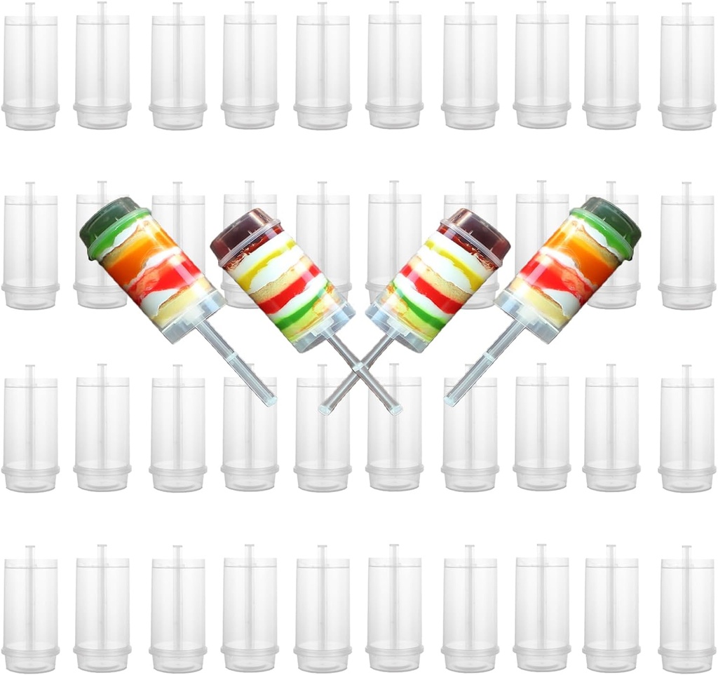 LOEQIAN 40 Pack Plastic Round Shape Cake Pop Shooter, Clear Cake Push-up Pop Containers with Lids for Wedding Birthday Party(Base & Sticks)