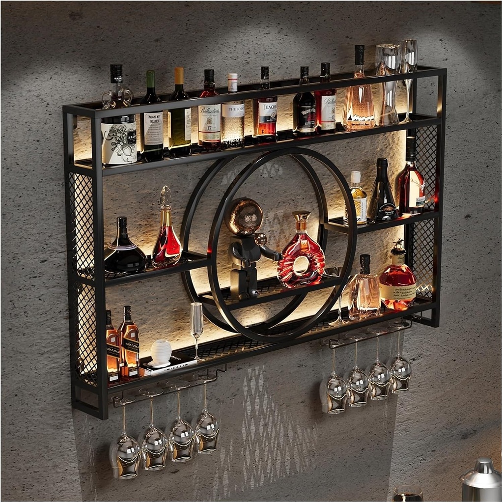 Metal Wine Rack Wall Mounted with LED Light Liquor Bottle Display Shelf Floating Wall Wine Shelves Wine Glass Holder for Home Bars Kitchen Wine Cellar(Black,160x80x15cm)
