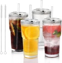 Glass Cups with Lids and Straws - 18oz Glass Tumbler with Straw and Lid, Premium Coffee Cups for Tea, Iced Coffee, Smoothie，Ideal Gift for Home, Office, 4 Pack