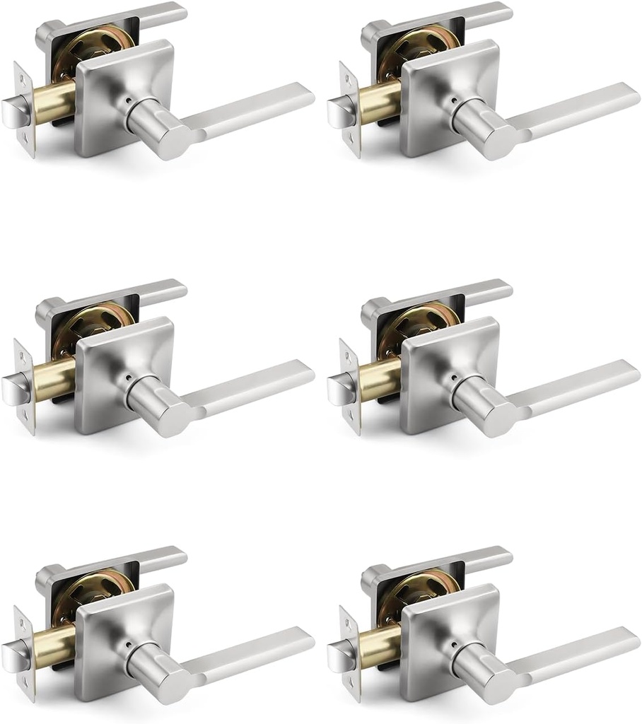 Mengico 6 Pack Passage Door Levers Satin Nickel, Heavy Duty Interior Door Handles for Closet and Hallway, No-Locking Keyless Square Door Knob, Reversible for Left or Right