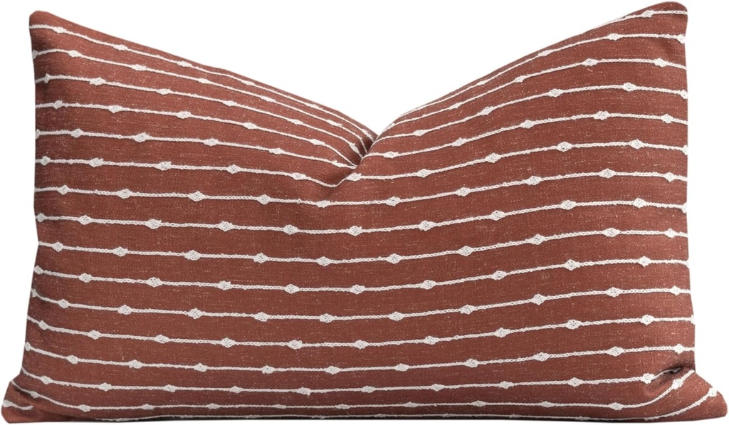 Crumbs Home Modern Farmhouse Fall Linen Indoor Outdoor Lumbar Pillow Cover Only, 12"x20" Water Repellent for Patio, Backyard, Couch, Rust Neutral Embroidered Stripes