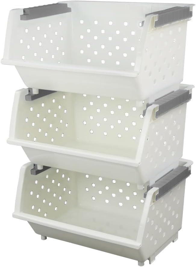 Bringer 4-Pack Plastic Stackable Storage Basket, Kitchen Stacking Organizer Basket, White