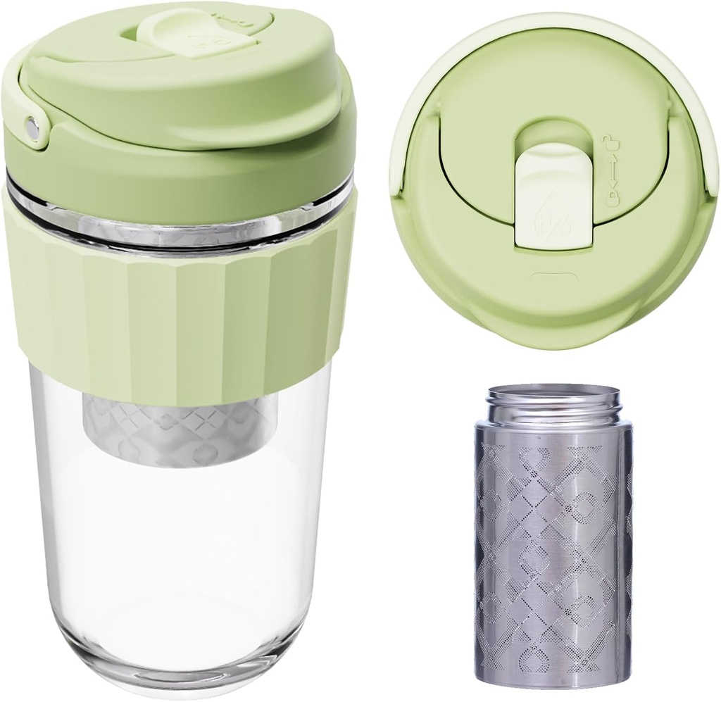 Leak-proof Glass Coffee Mug with Lock Lid, 17oz Reusable Coffee Cup with Stainless Steel Filter, Travel Tea and Fruit Infuser with Handle, BPA-free Dishwasher Safe (Forest Green)